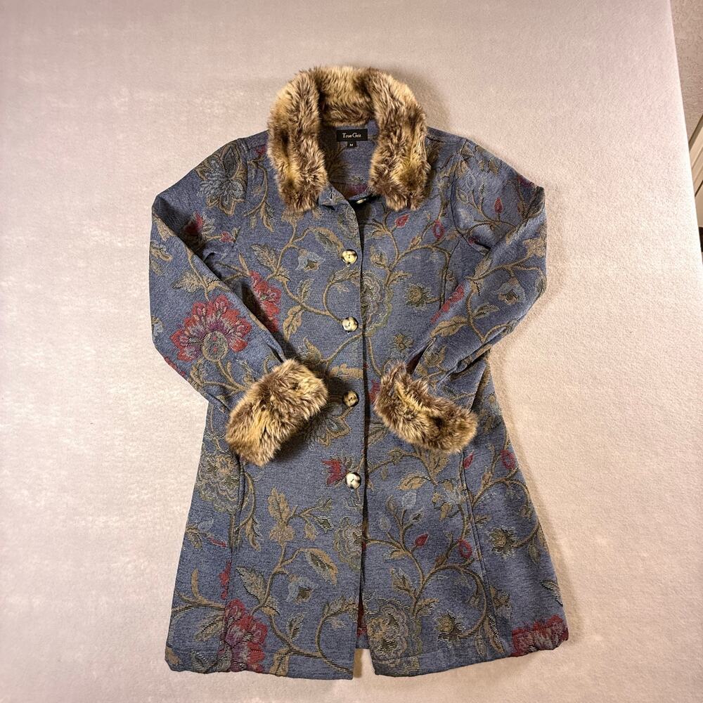 Vtg Y2K True Grit faux fur trimmed tapestry jacket - long denim color size M